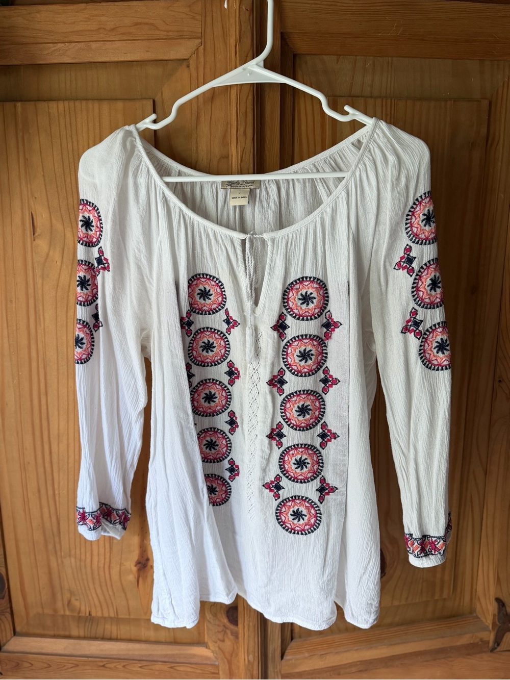 Lucky Brand White Embroidered Peasant Tunic with Pink & Navy Accents
